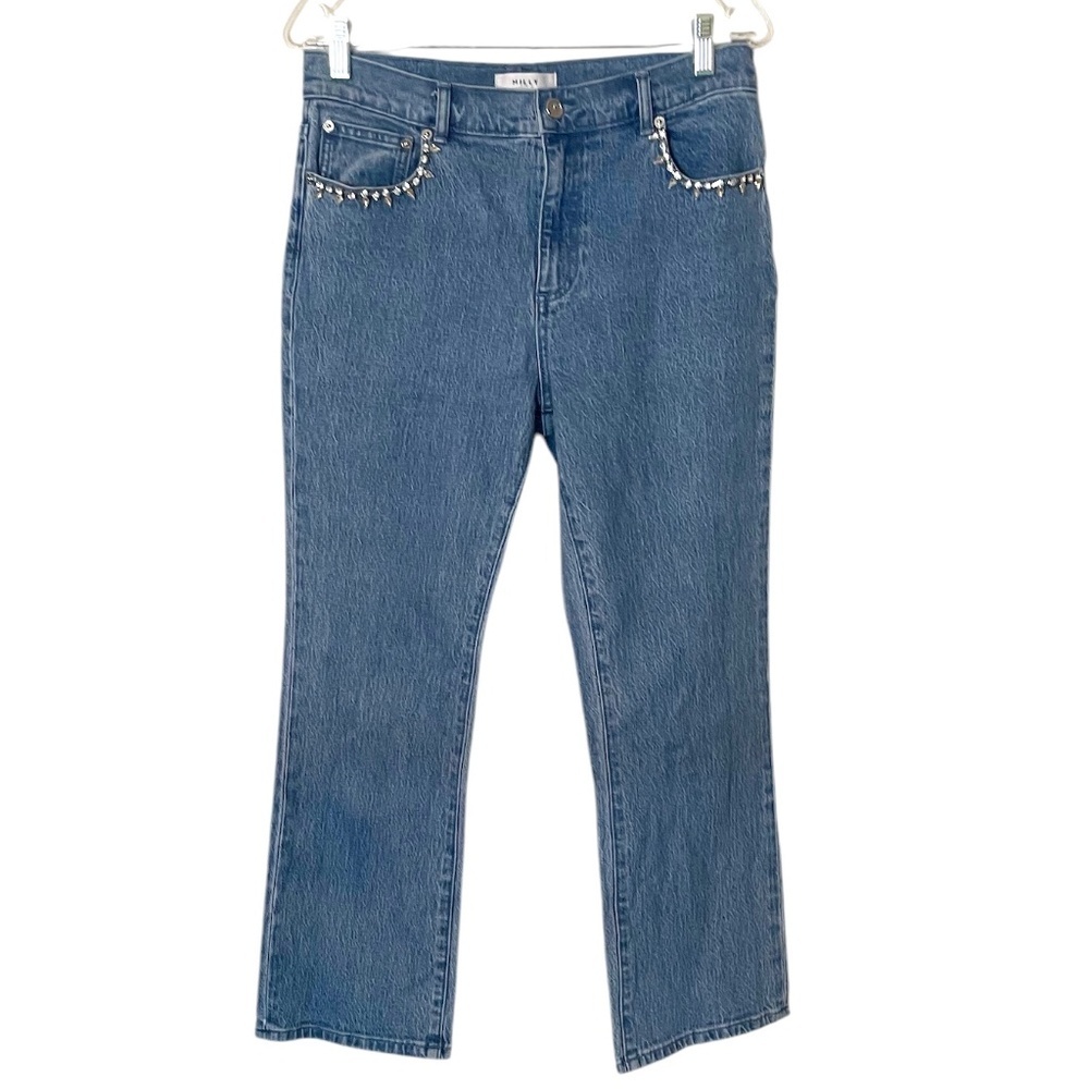 NWOT Milly Women's Crop Blue Denim Jeans Crystal Embellished